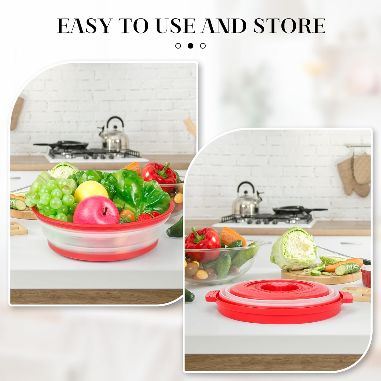 10.7 Inch Microwave Food Cover with Heat Insulation Mat, Anti-Scald Collapsible Microwave Splatter Cover, Multi-Functional as Colander & Fruit Plate, Dishwasher Safe, Ideal for Meal Prep (Red)