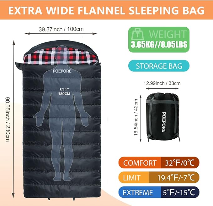 0 Degree Sleeping Bag 100% Cotton Flannel XXL Cold Weather Winter Oversized Sleeping Bag for Adults Camping Zero Degree Big and Tall with Compression Sack