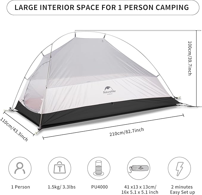 Naturehike Cloud-Up 1 Person Tent, Lightweight Backpacking Tents for One Man, Waterproof Ultralight One Person Tent for Camping Hiking Backpacking