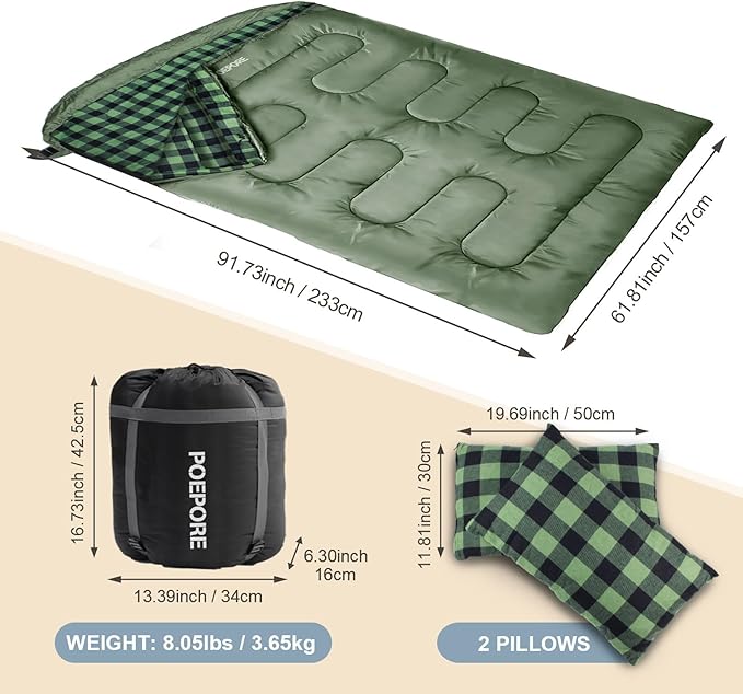 Double Sleeping Bag Flannel for Adults with 2 Pillows 2 Person Sleeping Bags Camping XXL Queen Size Two Person Sleeping Bag for Cold Weather