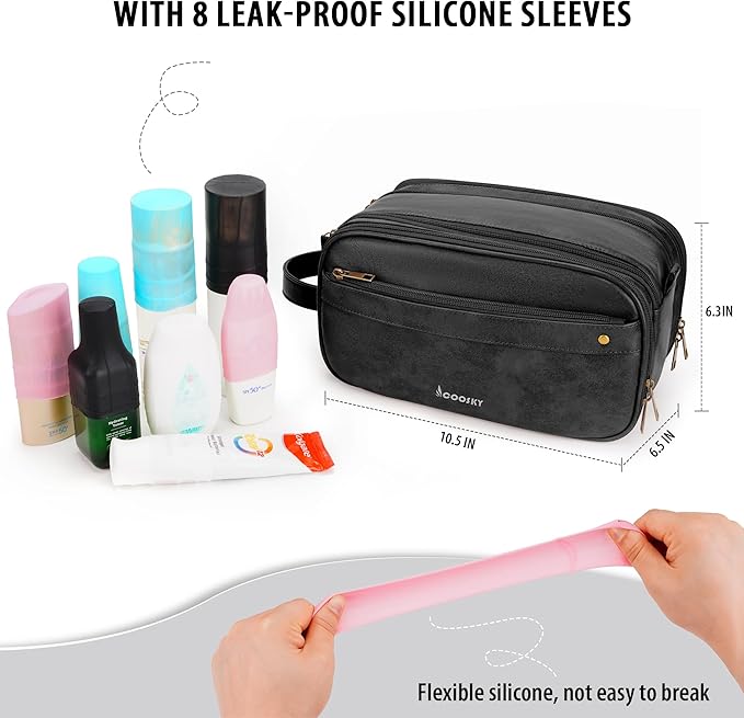 Travel Toiletry Bag for Men, Large Hanging Toiletries Organizer Bags for Women, Cruise Ship Essentials, Water-resistant Shaving Case, PU Leather Makeup Accessories, Cosmetic Dopp Kit, Black