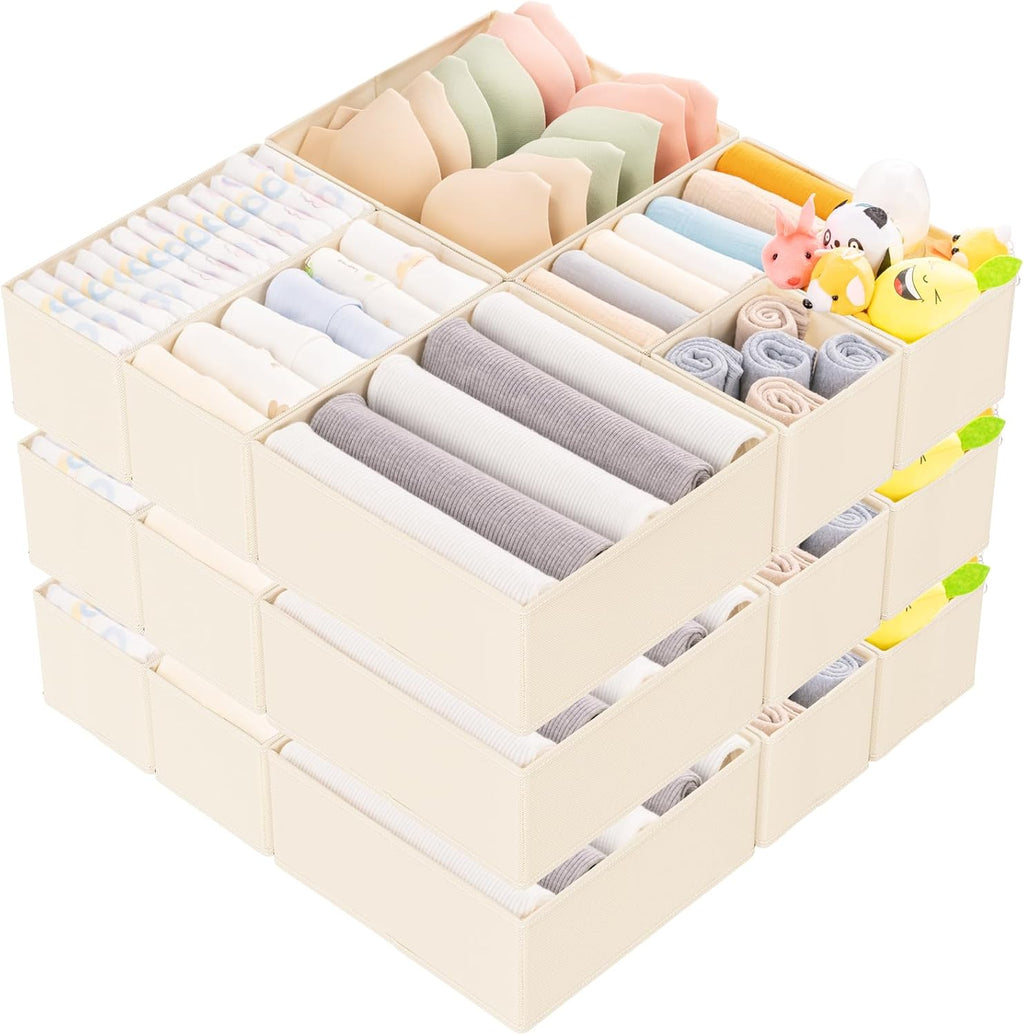 Criusia 15 Pack Drawer Organizer for Clothes, Foldable Dresser Dividers with 3 Sizes, Fabric Storage Bins – Beige
