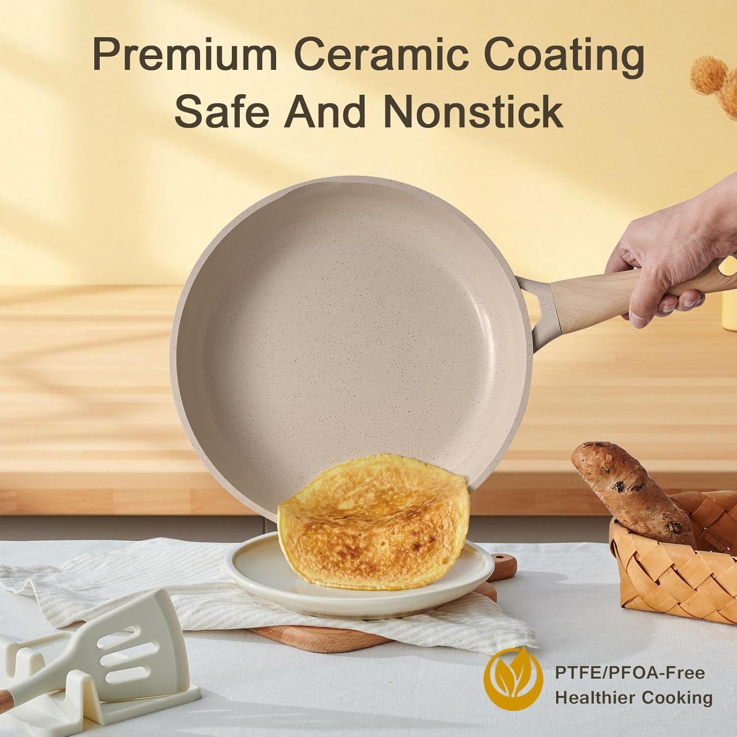 21Pcs Pots and Pans Set with Aluminum Lid, Nonstick Ti-Ceramic Cookware Sets, Induction Cookware Non Stick Cooking Set w/Frying Pans & Saucepans(PFOS, PFOA Free)-Taupe