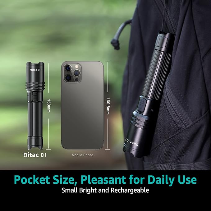 Ditac D1 Flashlight 1000 Lumen Bright Flashlight Rechargeable Led Flashlight IPX6 Waterproof for Household and Outdoors