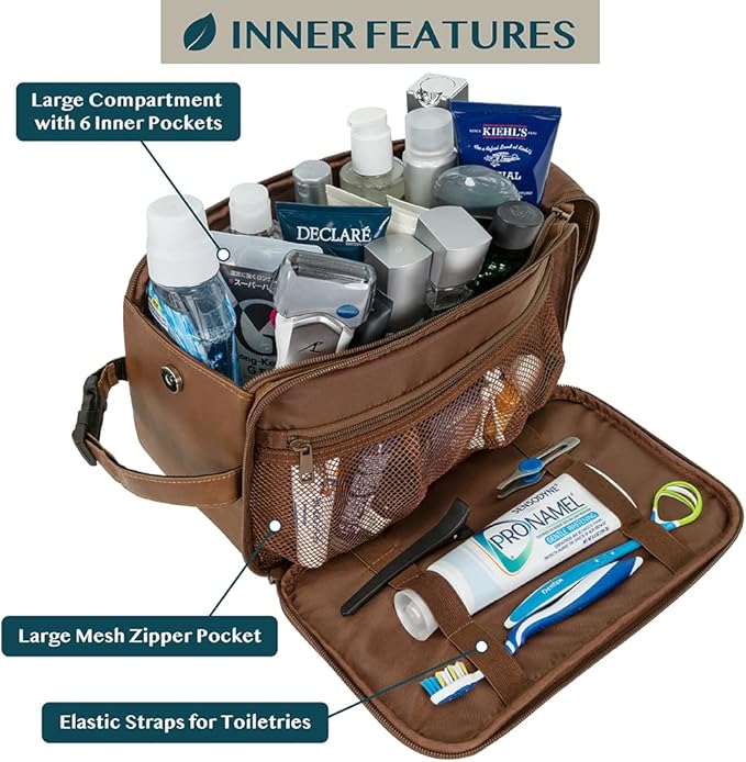 PAVILIA Toiletry Bag for Men, Travel Essentials Shaving Dopp Kit, Mens Travel Bag Toiletries Organizer Case for Grooming, PU Leather Water Resistant Cosmetic Bag Pouch (XL, Brown)