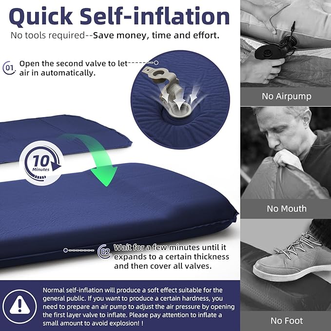 INVOKER 3.15" Camping Sleeping pad, Ultra-Thick Elasticity Foam Fast Self-Inflating 4-Season Insulated Durable Camping Mat Air Mattress with Pillow, for Tent, Car, Camping, Traveling, Blue