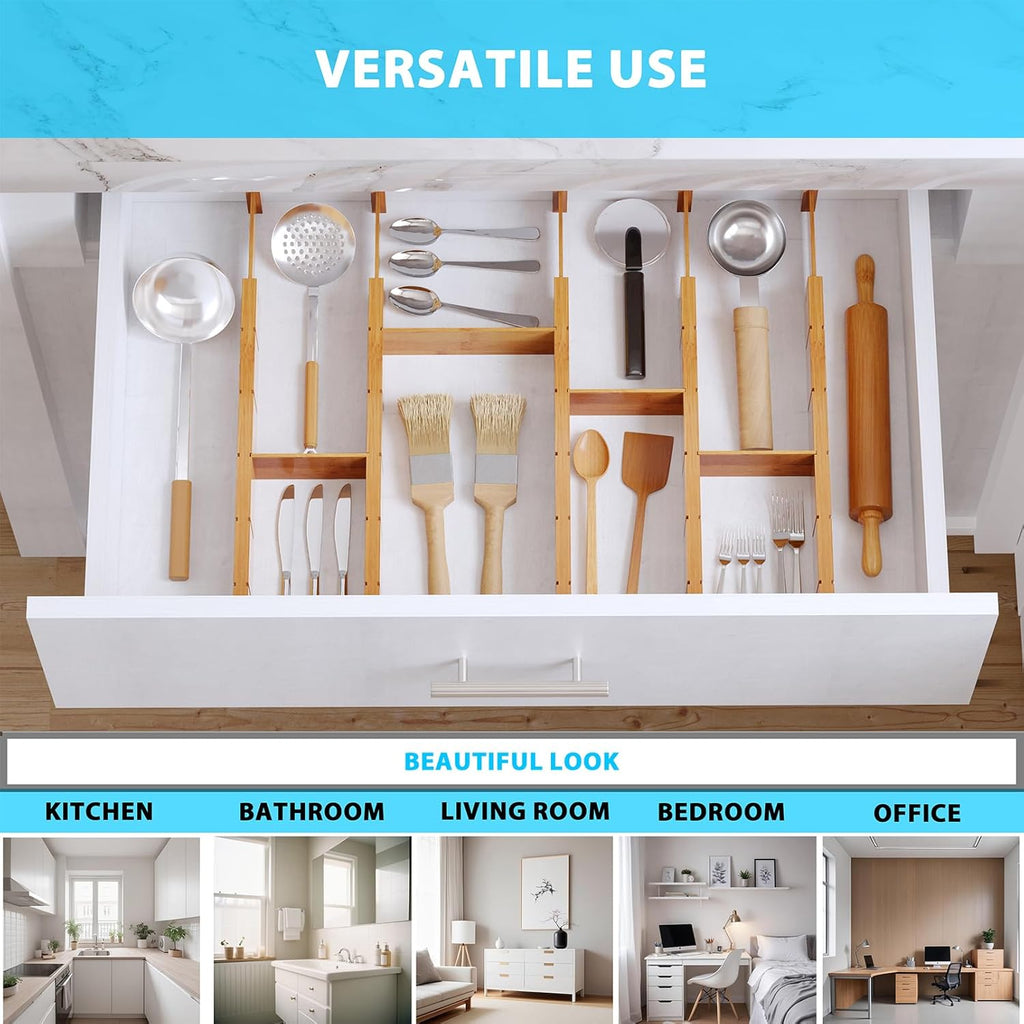 6 Pack Bamboo Drawer Dividers with 12 Inserts, Expandable Adjustable Clothes Drawer Organizers and Storage from 17" to 22" for Kitchen, Bedroom, Dresser, Cosmetics (Natural)