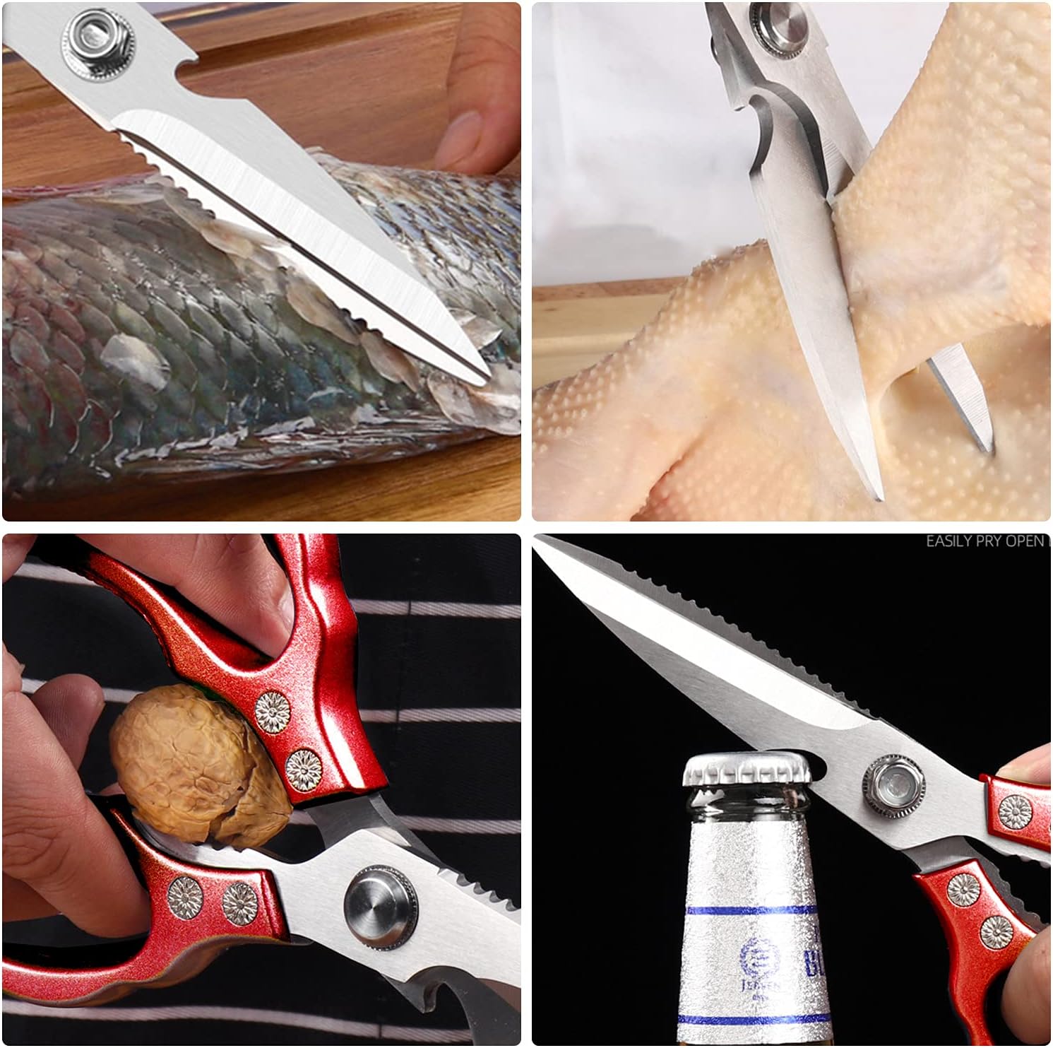 Heavy Duty Sharp Kitchen Scissors, Dishwasher Safe, Cooking Shears for Meat, Chicken, Fish, Poultry, Herb, Bread (Red)