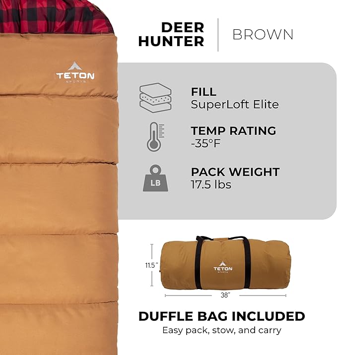 TETON Sports Deer Hunter -35F and 0F Degree Sleeping Bag. Warm and Comfortable Camping Sleeping Bags, Teton Tough Canvas Shell for Camping, Hunting, and Cold Weather