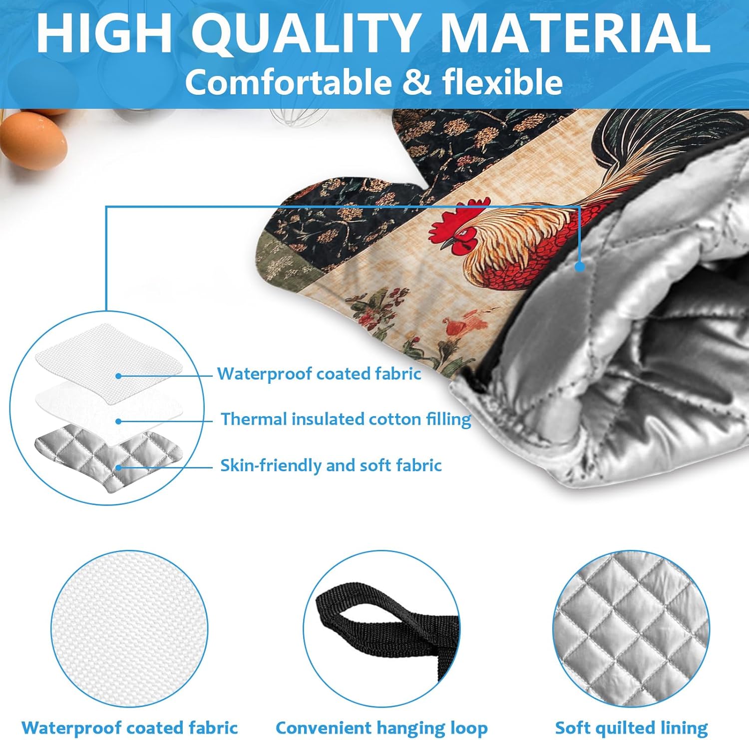 Rustic Rooster Oven Mitts and Pot Holders Sets Heat Resistant 4Pcs Potholders Oven Gloves Hot Pads for Kitchen Baking Cooking Grilling BBQ