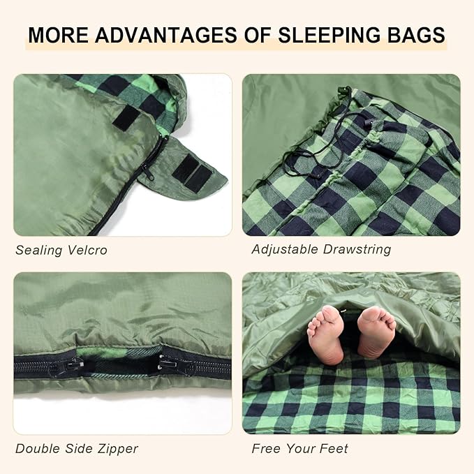 Double Sleeping Bag Flannel for Adults with 2 Pillows 2 Person Sleeping Bags Camping XXL Queen Size Two Person Sleeping Bag for Cold Weather