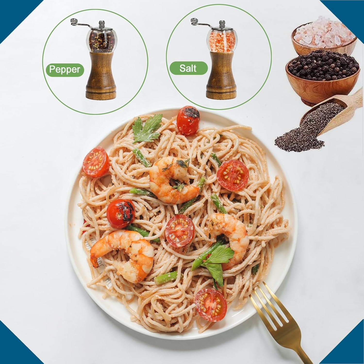 Pepper Mill Set，Manual Pepper Mills, Classical Hand Shake Wooden Pepper Grinder Set，Salt Mills，Wooden Pepper Mill，Ceramic Blades Metal Handle，Enjoy Fresh Ground Pepper (Walnut color 2pcs-6in)