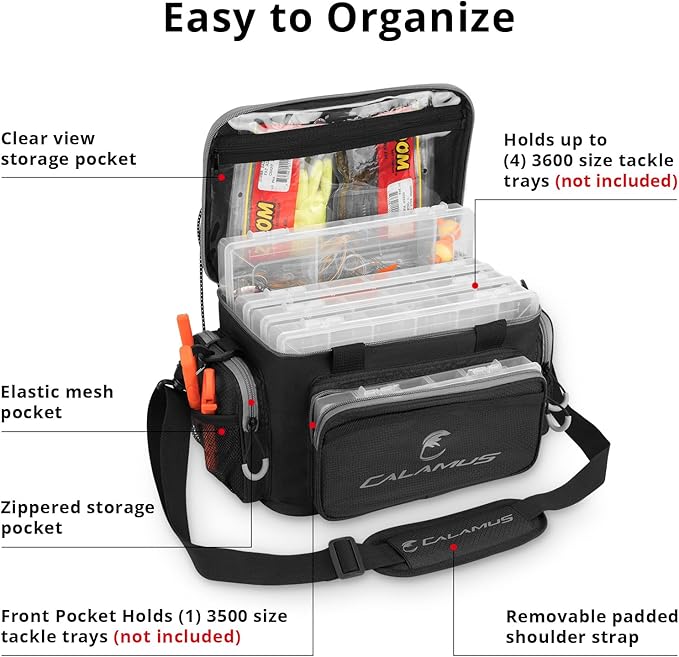 Calamus Fishing Tackle Bags - Saltwater & Freshwater Fishing Bags - Rip-Stop PE - Padded Shoulder Strap - Pliers Storage - Black