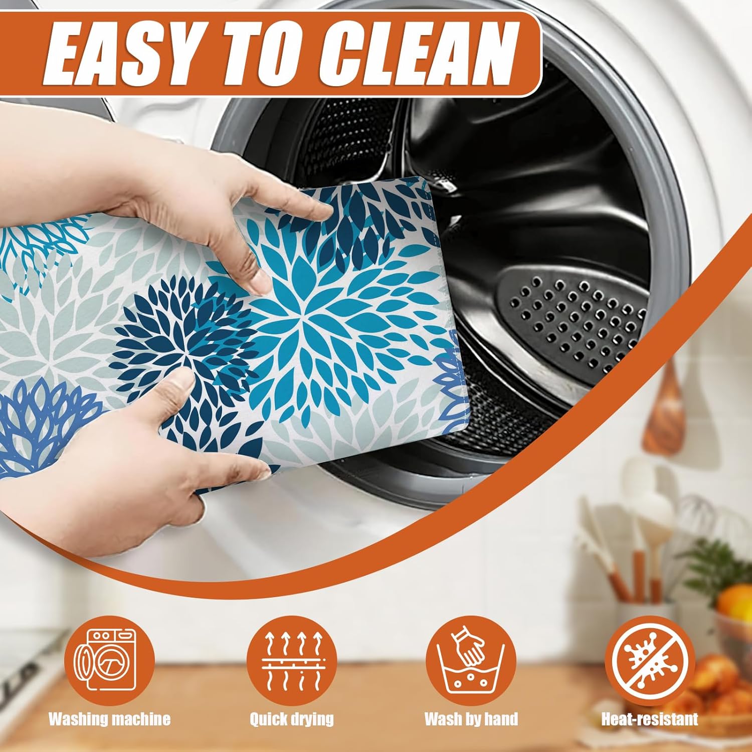 Blue Floral Dish Drying Mat for Kitchen Counter Microfiber Absorbent Dish Kitchen Drying Mat Draining Reusable Washable for Dishes/Utensils/Counterto