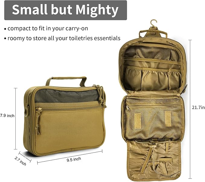 SMONT Toiletry Bag for Men Travel Toiletry Organizer Dopp Kit Organizer Toiletries Travel Bag Shaving Hygiene Bag Bathroom Hanging Men's Toiletry Bag for Short Trips Khaki