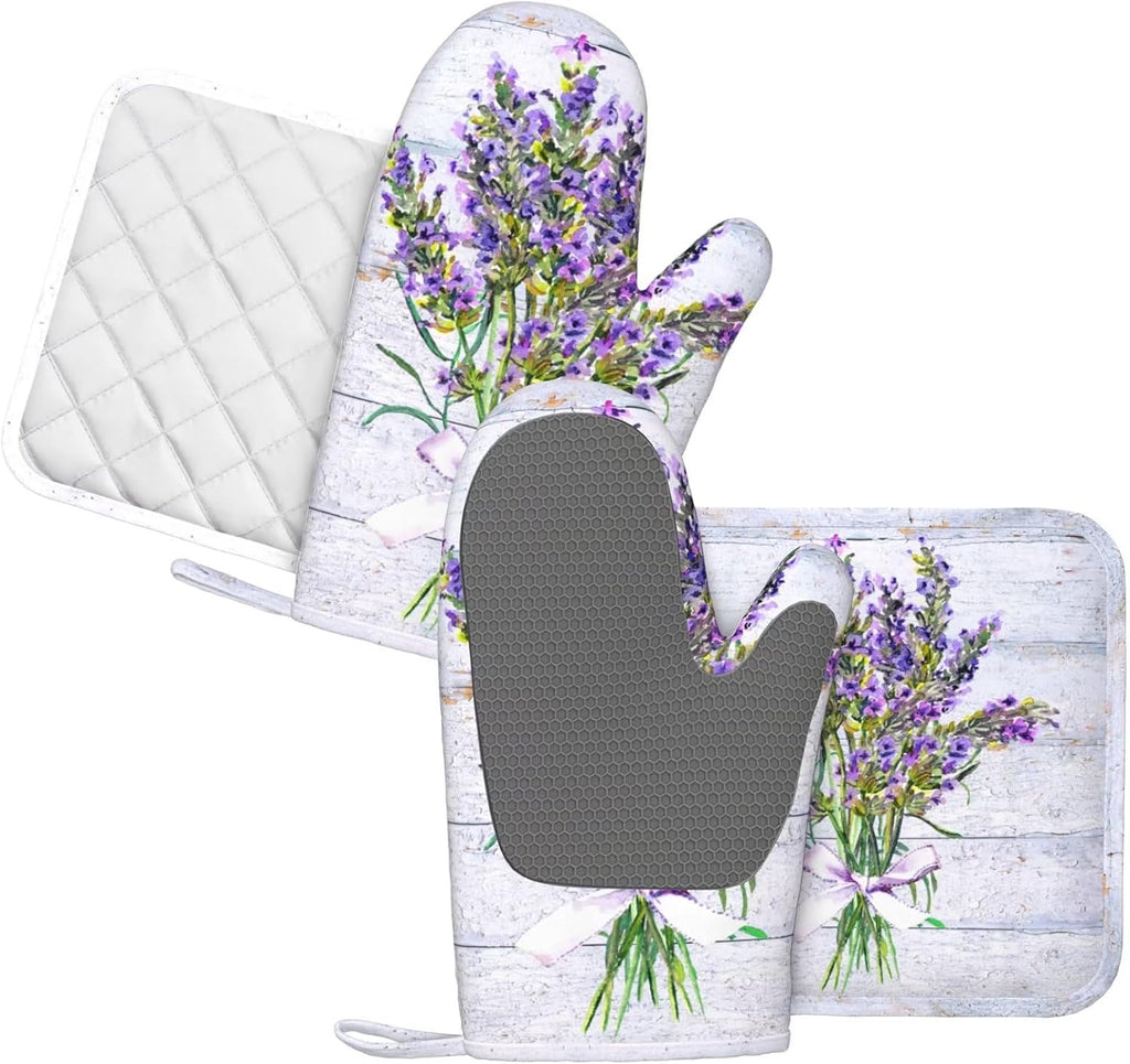 Wood Spring Lavender Oven Mitts Pot Holders Set Silicone Lavenders Kitchen Oven Mitts Heat Resistant Potholders Non-Slip 4pcs Hot Pads and Lilac Flower Oven Gloves Sets for Baking