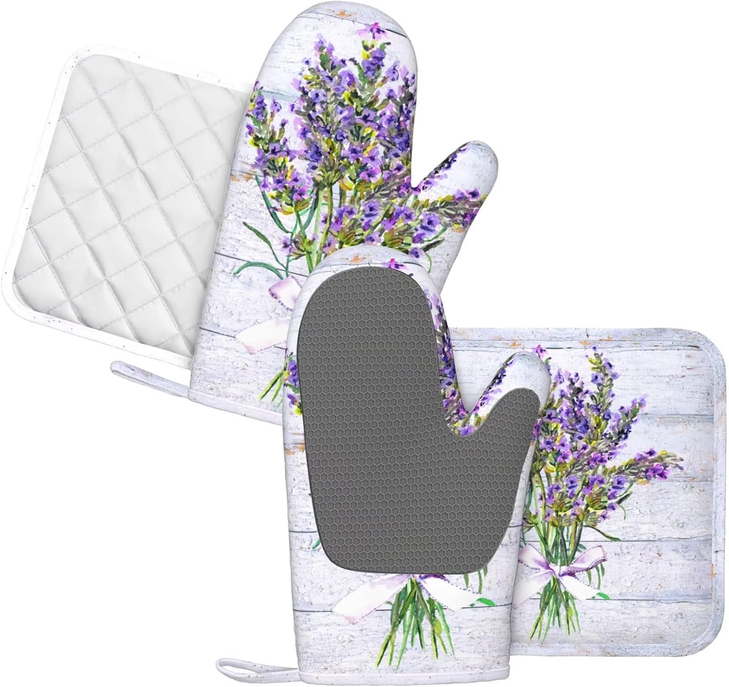 Wood Spring Lavender Oven Mitts Pot Holders Set Silicone Lavenders Kitchen Oven Mitts Heat Resistant Potholders Non-Slip 4pcs Hot Pads and Lilac Flower Oven Gloves Sets for Baking