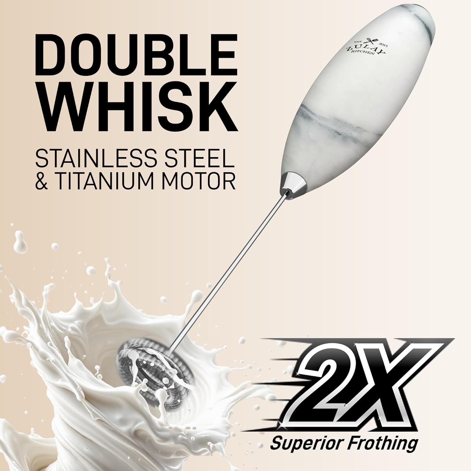 Zulay Kitchen Powerful Double Whisk Milk Frother Handheld - Foam Maker With Stand - Whisk Drink Mixer for Coffee, Mini Foamer for Latte, Matcha, Frappe, Hot Chocolate & Cappuccino (Crystal Quartz)