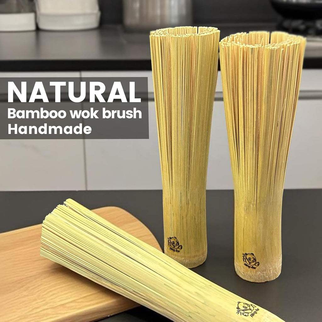 2 Pack Handmade Bamboo Wok Brush,Bamboo Brush for Wok Cleaner,Wok Cleaning Brush for Carbon Steel and Cast Iron,Kitchen Scrubbing Brush for 9" Wok,Dish Brush with Handle,Wok Scrubber Accessories