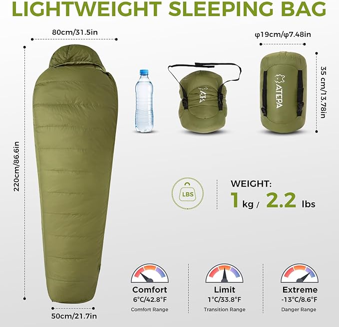ATEPA Down Sleeping Bag for Adults, 650FP Recycled Mummy Cold Weather Ultralight 3 Season Waterproof Compact Packable Sleeping Bag with Stuff Sack & 15D Nylon Shell for Backpacking Camping Hiking