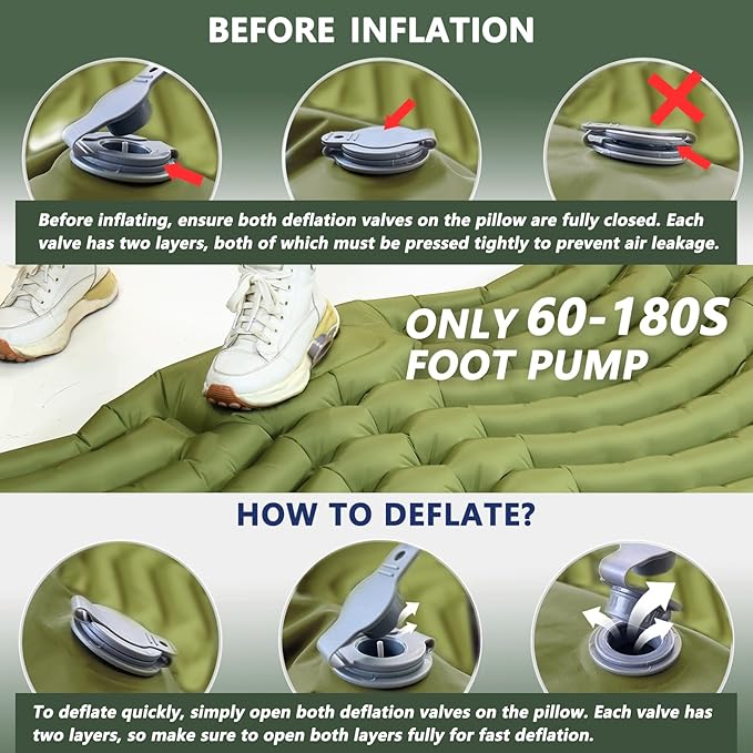 Double Sleeping Pad for Camping - Ultralight Camping Mattress with Pillow, Built-in Foot Pump, Compact Inflatable 2-Person Portable Mat for Backpacking, Hiking, Car Traveling, Beach, Tent