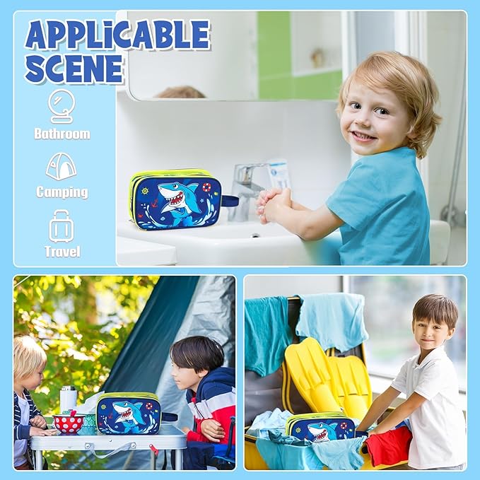 WAWSAM Shark Toiletry Bag - Kids Toiletry Bag for Boys Christmas Birthday Gift Camping Travel Toiletry Case Toiletries Makeup Cosmetic Pouch Pink Water-resistant Wash Bag Dopp Kit with Mesh Pocket