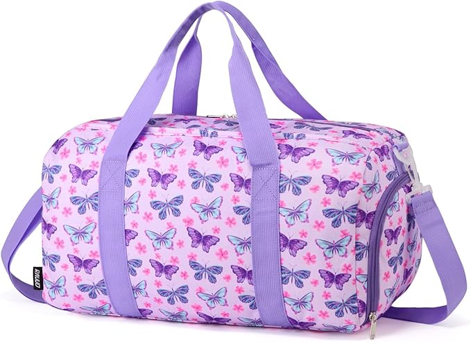 Girls Overnight Duffle Bag,RAVUO Cute Butterfly Kids Sport Gym Bag with Shoe Compartment, Carry On Weekender Travel Bag for Teens