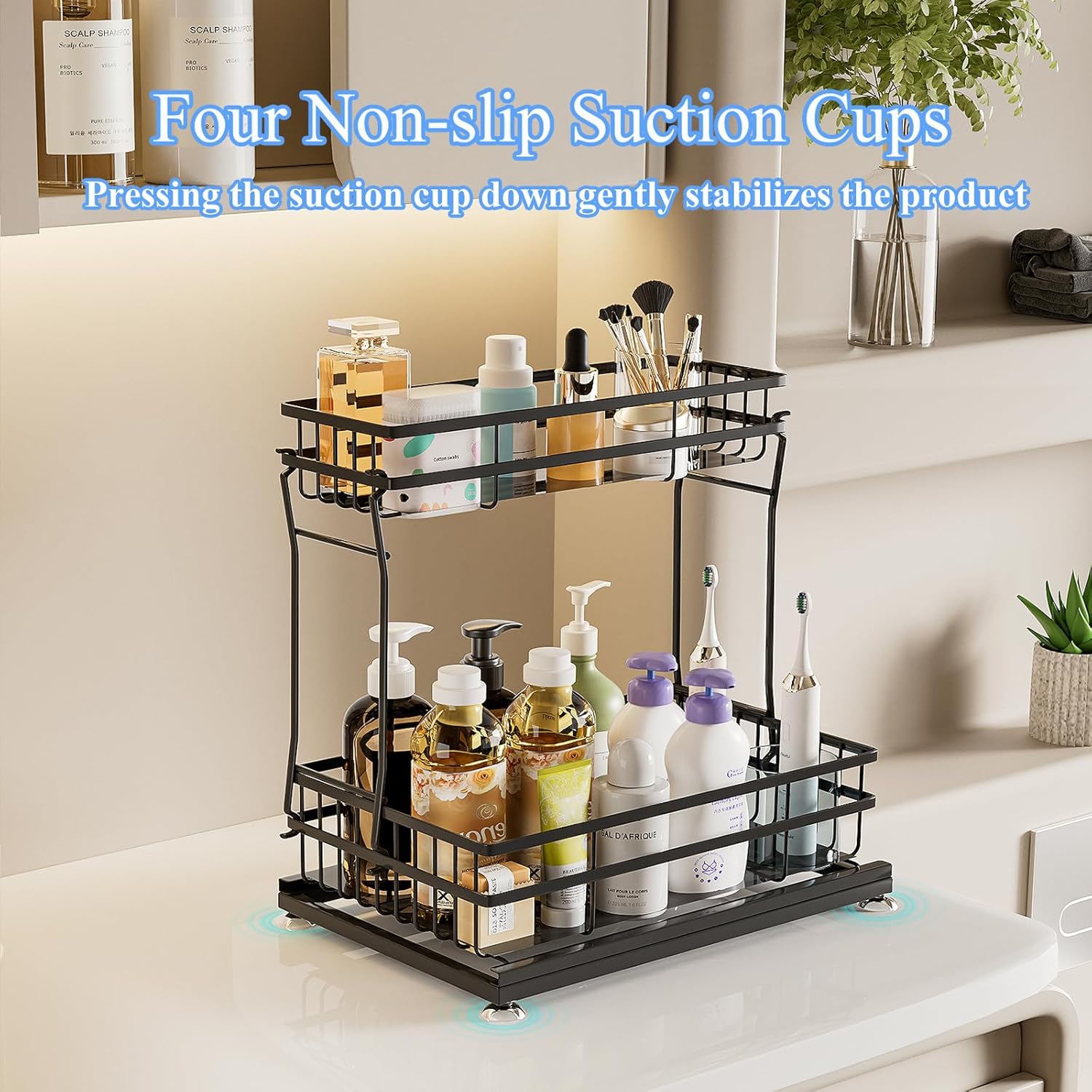 1 Pack Under Sink Organizers and Storage, 2 Tier Pull Out Cabinet Organizer, Metal Sliding Drawer Storage for Kitchen Bathroom，Black