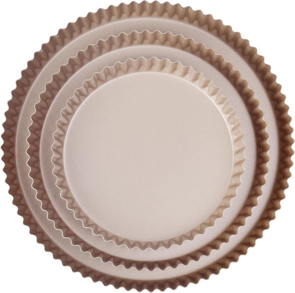 Tart Pan Set, 3 Nonstick Round Quiche Pan, 12 Inch, 10 Inch, 8 Inch Fruit Tart Pan, Flueted Pie Pan Solid Bottom (Champagne Gold)