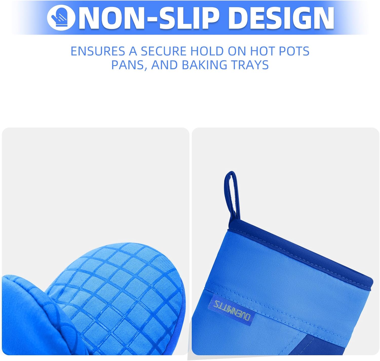 Mini Oven Mitts, Kitchen Oven Gloves Kitchen Mittens 500 Degrees Heat Resistant Baking Gloves, Non-Slip Silicone Surface with Hanging Loops Hot Gloves for Cooking, Baking, BBQ 1 Pair-Blue