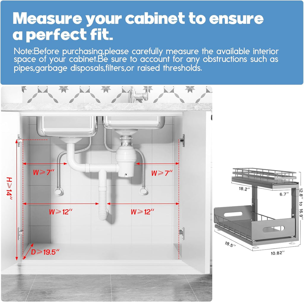 2 Pack 18 IN Depth Under Sink Organizer with Smooth Ball Bearing Slides,2-Tier Pull Out Cabinet Storage,Slide Out Drawers for Bathroom&Kitchen,Rust-resistant Coating,Height Adjustable-Gun Gray