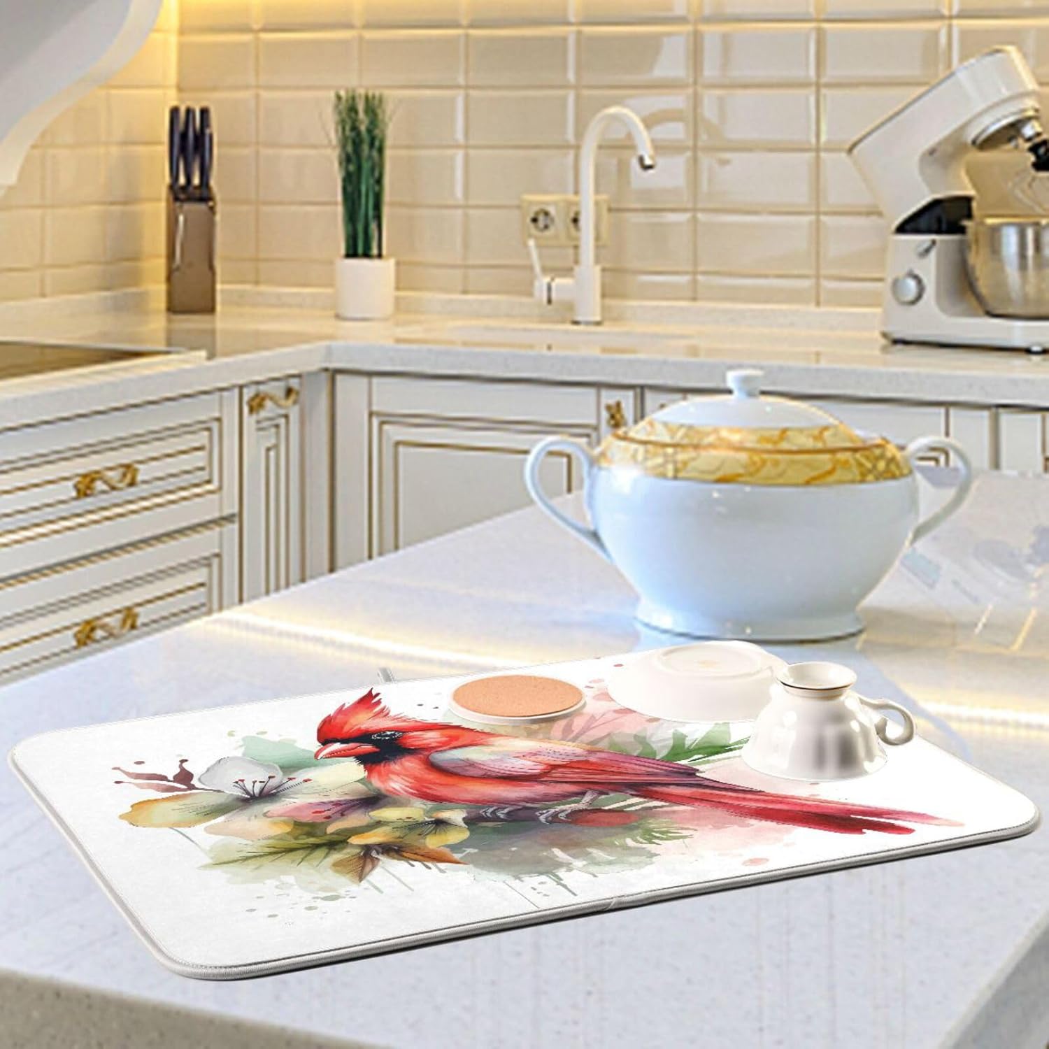 Cute Cardinal Christmas Dish Drying Mat for Kitchen Counter Absorbent Microfiber Drying Pad, Large 18x24 in, Reversible Drainer Mats