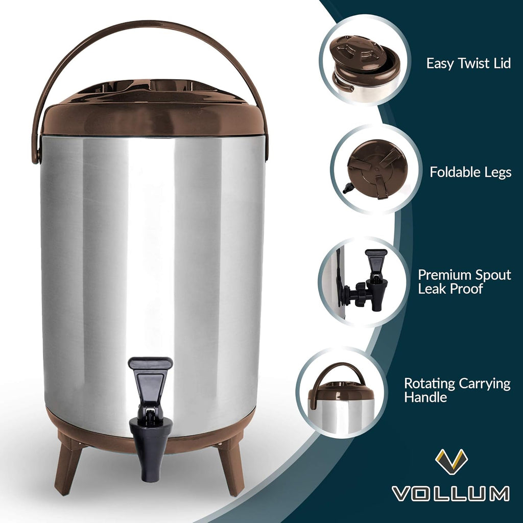 Stainless Steel Insulated Beverage Dispenser – Insulated Thermal Hot and Cold Coffee Carafe – 12 Liter Drink Dispenser with Spigot for Hot Water, Tea & Coffee, Cold Milk, Juice & More BROWN