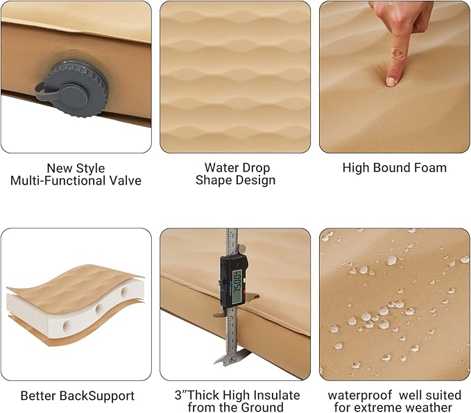 KingCamp Double Sleeping Pad, 2 Person Queen R 7.9 Self Inflating Sleeping Pad 3" Thick Full Size Foam Mattress Mat with 3D Sidewalls & Wave Surface Cut for Camping Tent Car, PVC Free (Khaki)