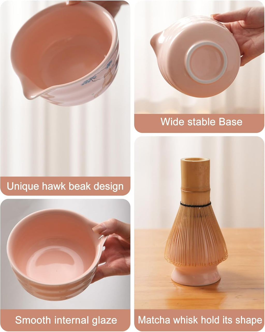 Matcha Whisk Set, Ceramic Matcha Set Includes Matcha Bowl, Matcha Whisk and Holder, Bamboo Scoop, Scoop Rest, Sifter and Tea Towel - 7 Pcs Matcha Kit(Pink)