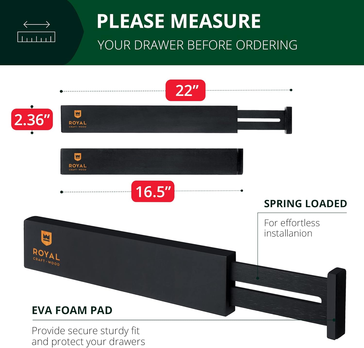 ROYAL CRAFT WOOD Adjustable Bamboo Drawer Dividers – Expandable Organizer for Kitchen, Bedroom, Bathroom, Dresser & Office – 4-Pack 17-22", Black