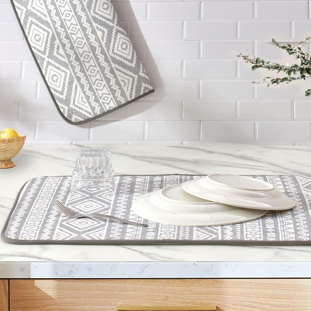 FRESHMINT Printed Dish Drying Mats for Kitchen Counter 2 Pack Absorbent Reversible Drying Mats Microfiber Kitchen Countertop Protector Dishes Drying Pad Extra Large 18"x24" Dish Mat