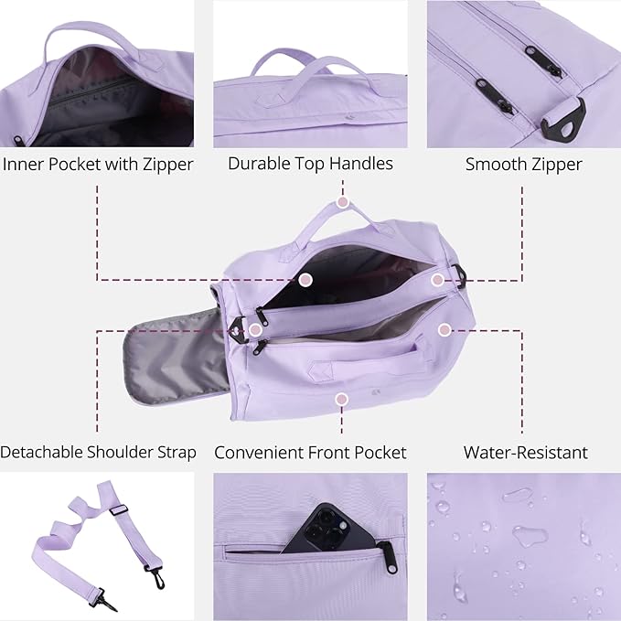 Sports fitness Gym Bag for Women, Yoga Swim Workout Travel Duffel Overnight Shoulder Bags with Shoe Compartment and Wet Pocket Ladies Weekend Carry on Luggage Dance College Purple