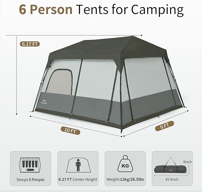 Naturehike Cape 4/6/8 Person Camping Tent, 60S Easy Setup Instant Tent Pop up Tent, Waterproof Large Tall 6/8 Person Tents for Camping, Car Camping