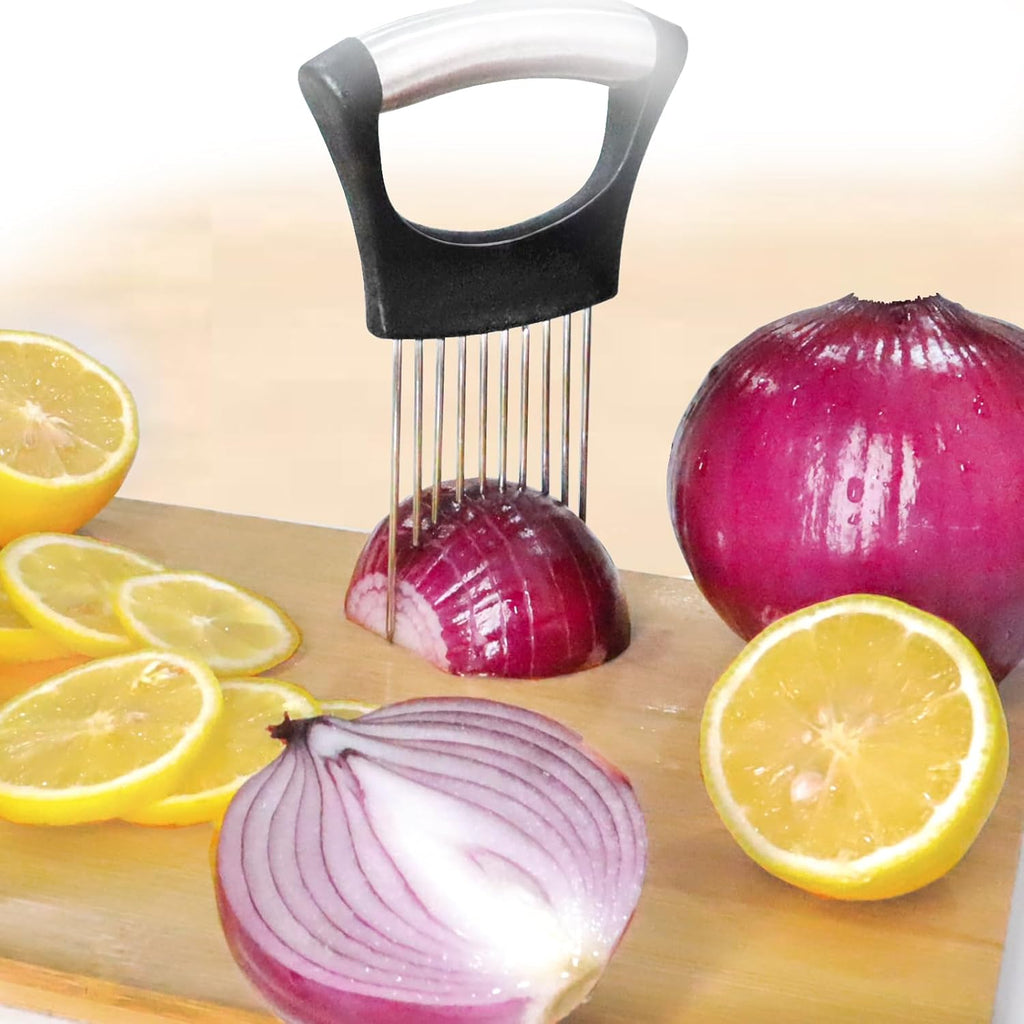JAYVAR Onion Holder for Slicing, Onion Cutter Vegetable Chopper, Stainless Steel Tomato Slicer Vegetable Cutter for Potato, Avocados, Eggs, Food Slicer Assistant Tool for Fruit Lemon and Meat