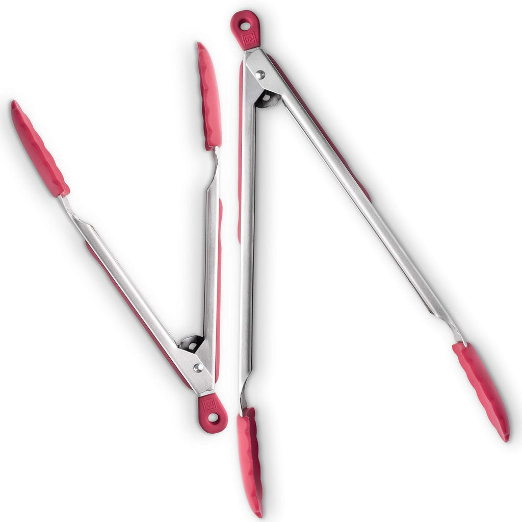 New DI ORO 2-Piece Kitchen Tongs Set (9-Inch and 12-Inch) – Stainless Steel with Non-Stick 480F Heat-Resistant Silicone Tips – Great Tool for Cooking, Serving, and Barbecuing - Dishwasher Safe (Red)