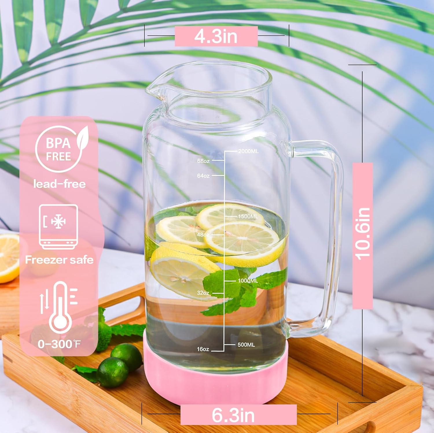 Aofmee 68oz Glass Pitcher with Lid, 2 Liter Water Carafe with Silicone Base and Precise Scale Line, Ice Tea Pitcher for Fridge, Anti-Slip Glass Jug for Sun Tea Juice Coffee Milk Beverage (Pink)