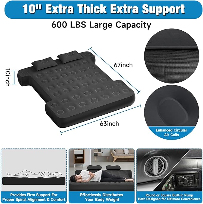 Truck Bed Mattress 5.5-5.8ft: Inflatable Full Size Truck Bed Air Mattress with Wireless Rechargeable Pump, Pickup Mattress with Carry Bag (Black)