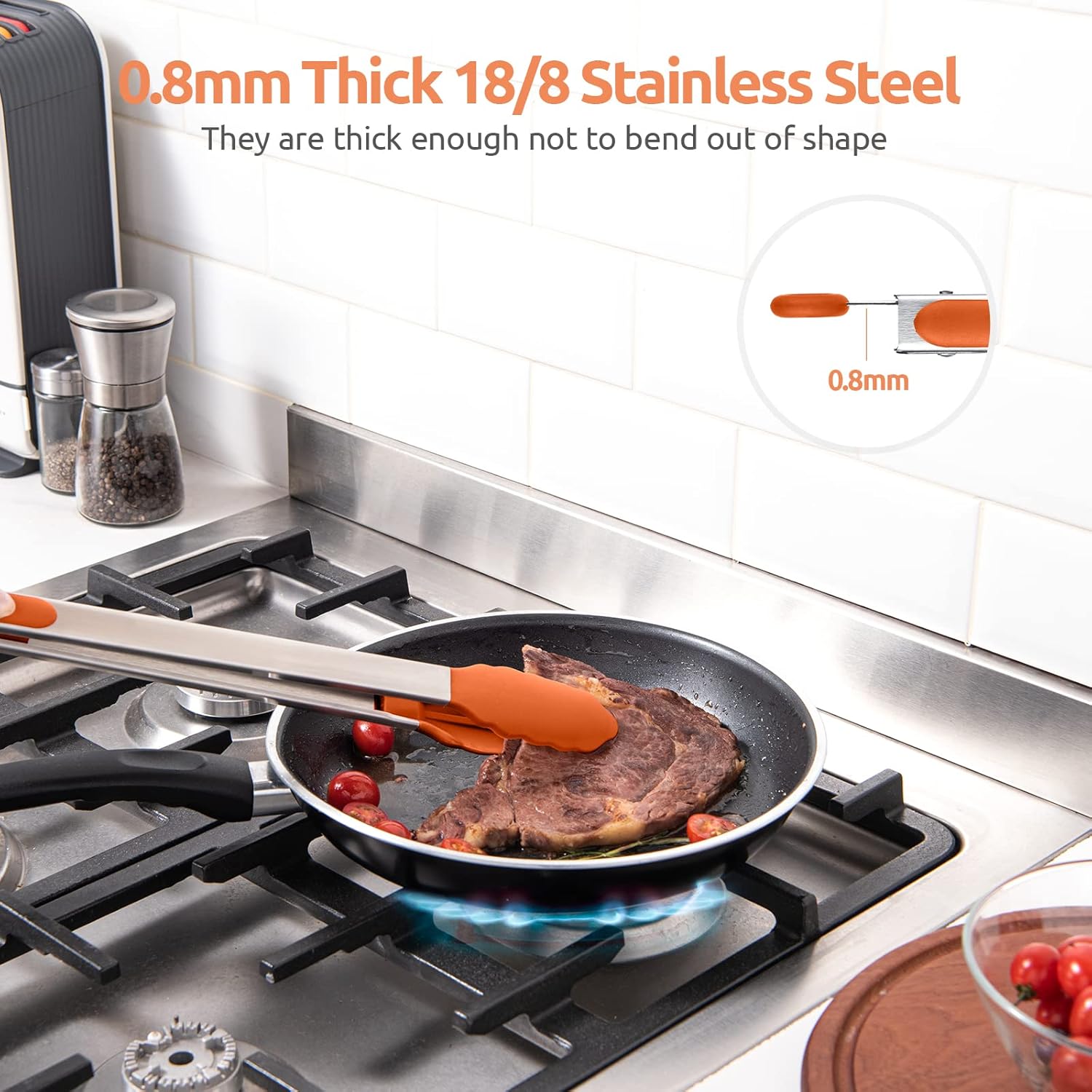 Heat Resistant Silicone Kitchen Tong: U-Taste 16 inch Extra Long Large 480ºF Hot Proof Cooking Tong with Sturdy Non Stick Rubber Tips & Non Slip Silicon Coated Steel Handle for Grilling BBQ (Orange)