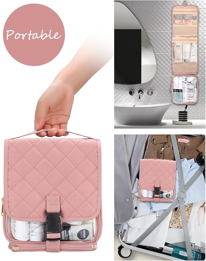 Relavel Travel Toiletry Bag for women with Detachable TSA Approved Toiletry Bag, Compact Hanging toiletry bag with Small Carry On 3-1-1 Clear Waterproof Travel Bags for Toiletries (Pink, A Small)