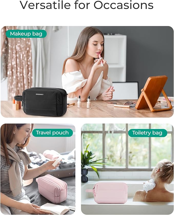 BAGSMART Travel Toiletry Bag for Women, Puffy Cosmetic Makeup Bag Organizer, Large Wide-open Travel Organizer for Toiletries, Dopp Kit Water-resistant Makeup Case for Accessories-Camel