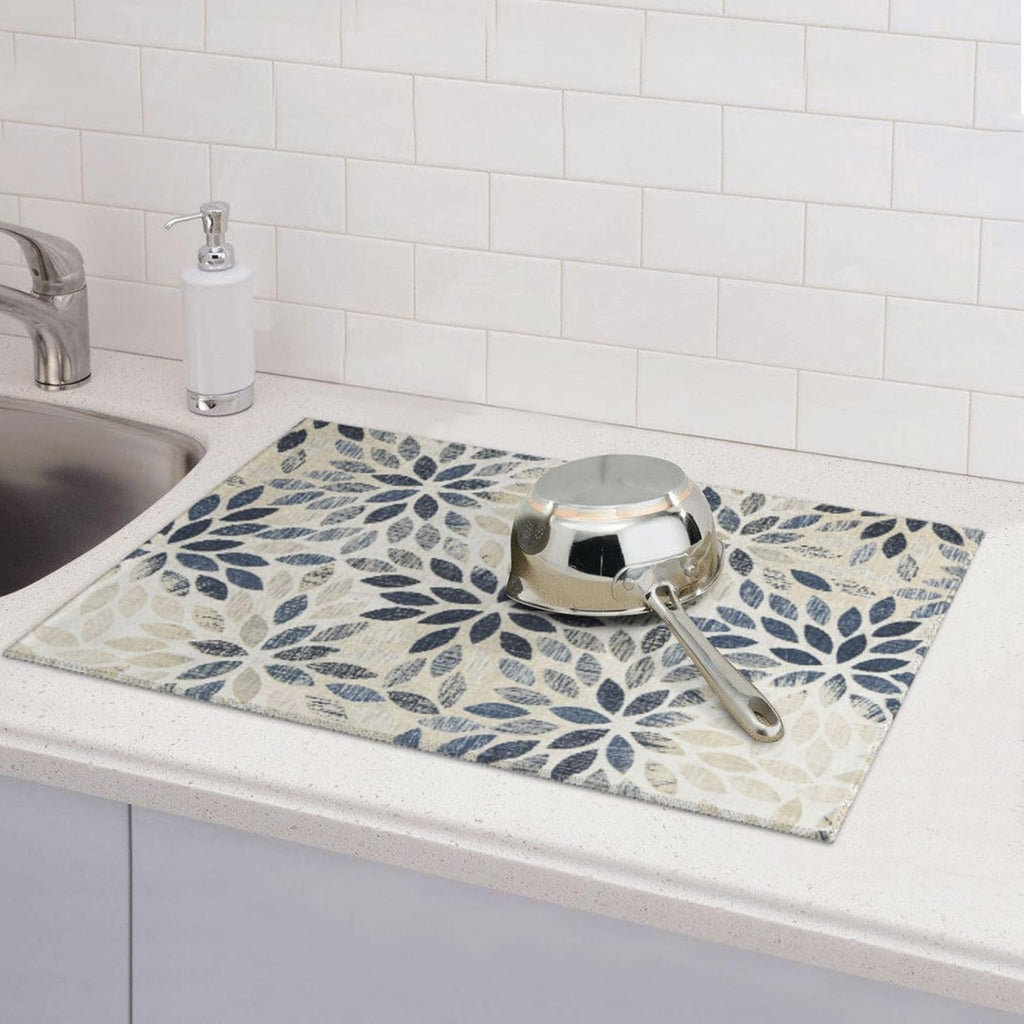 Dahlia Dish Drying Mat 18x24 for Kitchen Counter, Blue Floral Decorative Absorbent Coffee Mat Dish Drying Pad Coffee Bar Dish Drainer Rack Mat Drainer Mat