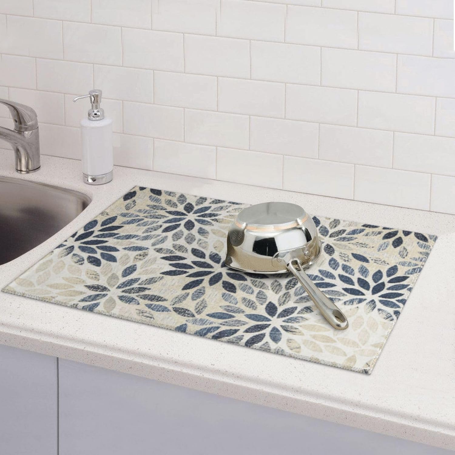 Dahlia Dish Drying Mat 18x24 for Kitchen Counter, Blue Floral Decorative Absorbent Coffee Mat Dish Drying Pad Coffee Bar Dish Drainer Rack Mat Drainer Mat