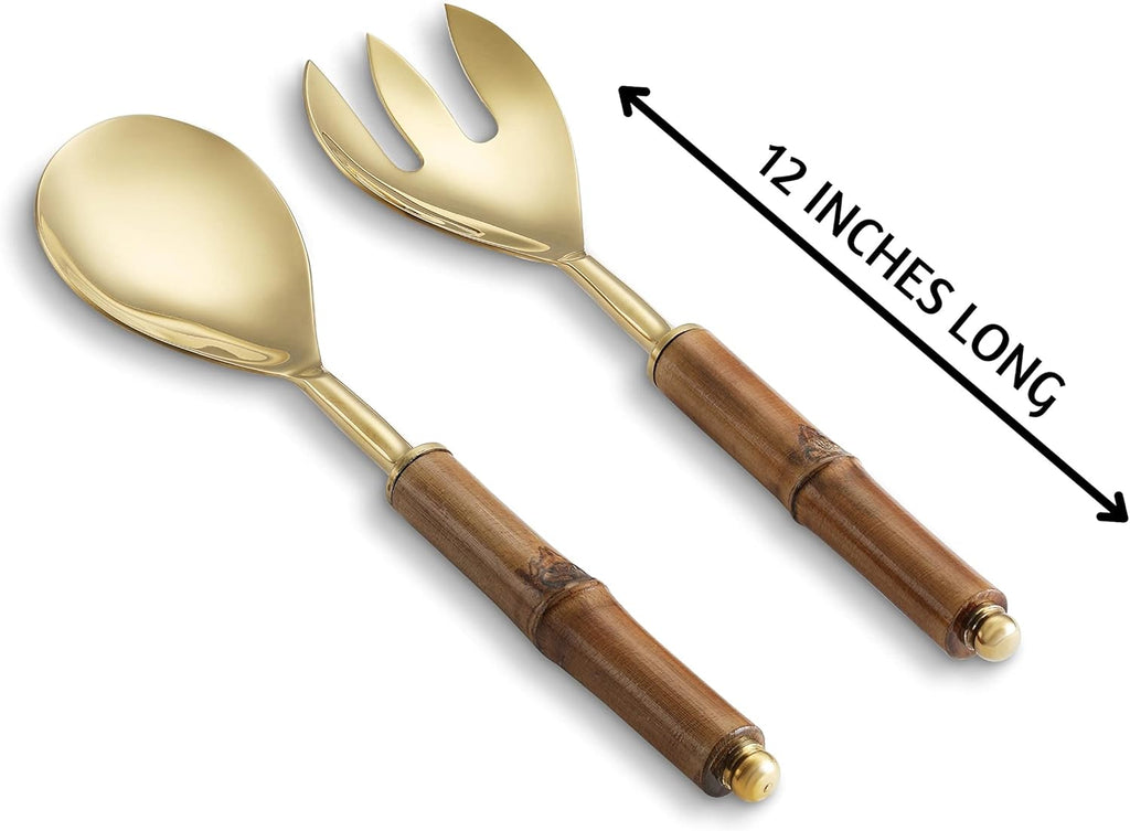 Folkulture Serving Utensils for Modern Serving and Cooking, Stainless Steel Salad Servers or Salad Tongs, 12 Inch Salad Tosser, Serving Spoon and Fork Set with Bamboo Handle, Gold
