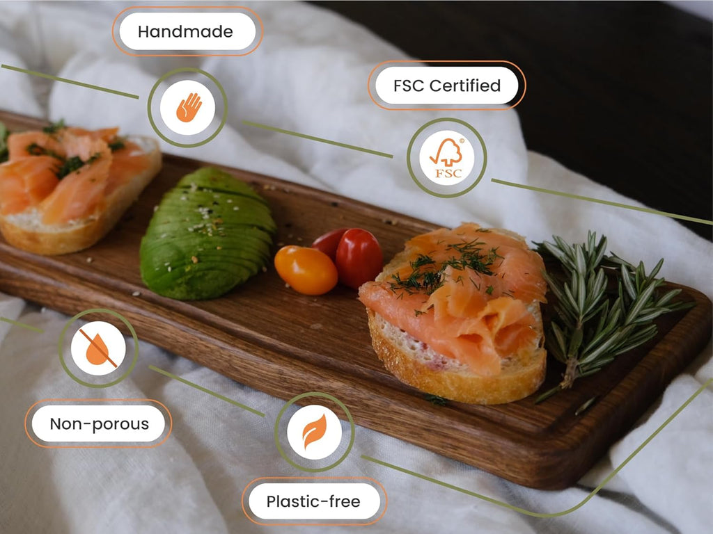 Elegant Walnut Wood Long Serving Board with Handle - Charcuterie Wooden Board - Stylish Versatility for Culinary Delights - Reversible with Juice Groove - 27.6x6.3x0.8 in - Woodie Poppins (Medium)